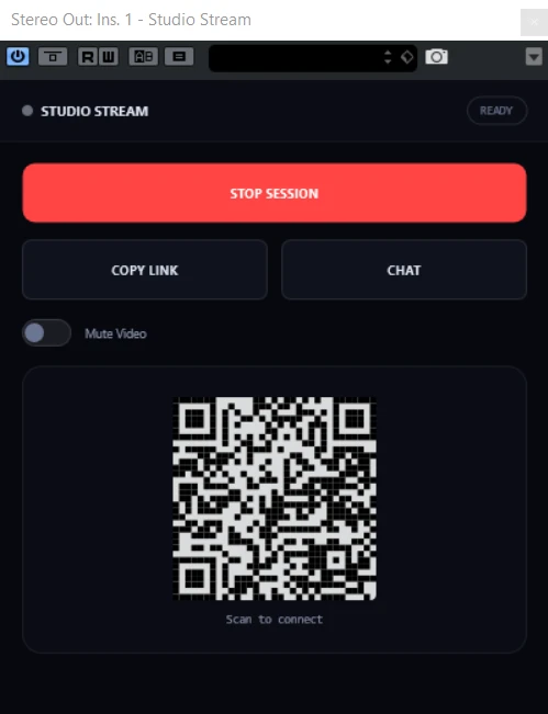 Studio Stream VST3 plugin interface showing Start Session, Copy Link, Chat buttons and a QR code